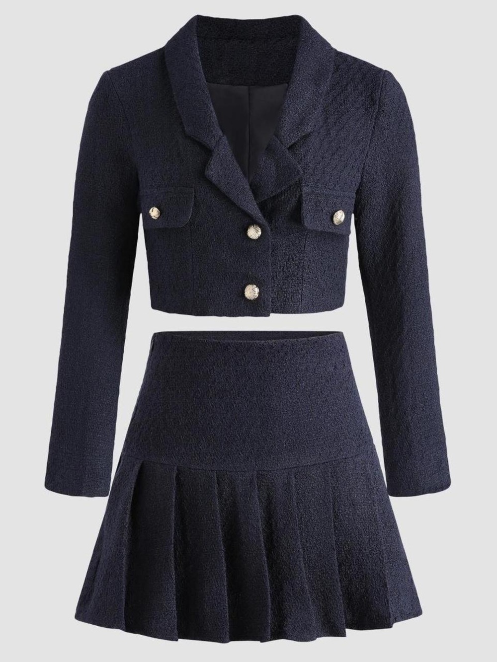 Cropped Navy Tweed Skirt Set - Elegant Navy Two-Piece